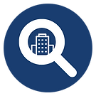 A magnifying glass is looking at a building in a blue circle.