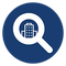 A magnifying glass is looking at a building in a blue circle.