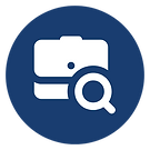 A blue circle with a camera and a magnifying glass in it.