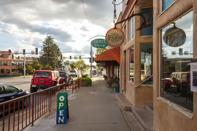 a photo of downtown Cortez featuring the Farm Bistro sign