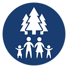 A family holding hands under three trees in a blue circle.