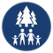 A family holding hands under three trees in a blue circle.