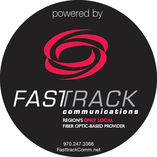 A logo for fastrack communications with a red swirl