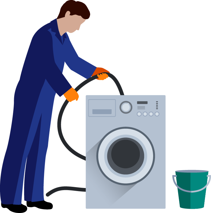 Ein Mann arbeitet an einer Waschmaschine, an der ein Schlauch angeschlossen ist