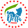 A logo for delta pride with a silhouette of a bear in a circle of stars.