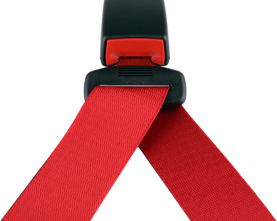 Red seatbelt buckle with two red straps, against a white background.