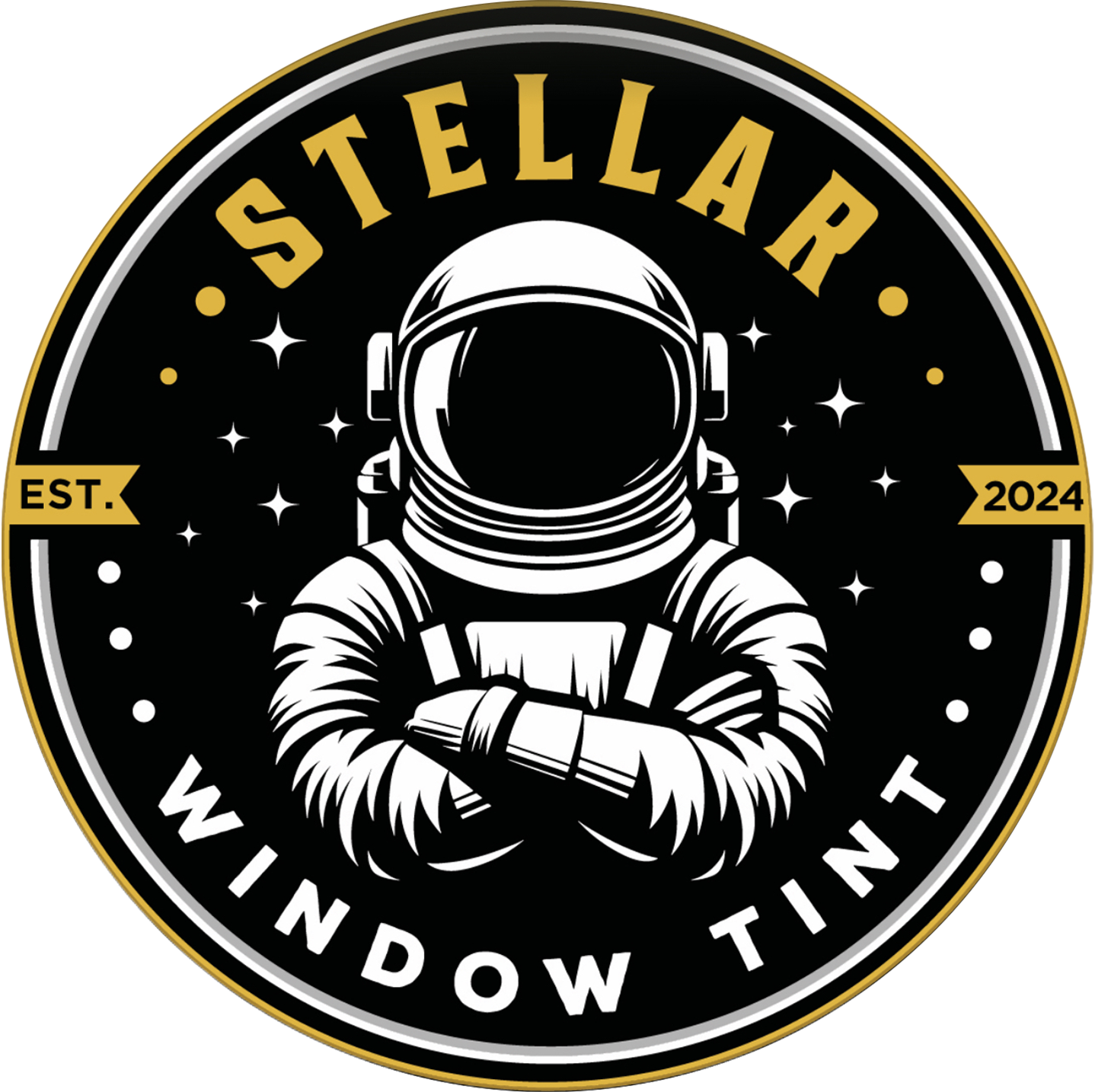 Logo for Stellar Window Tint: An astronaut with crossed arms, surrounded by a black background with stars and gold lettering.