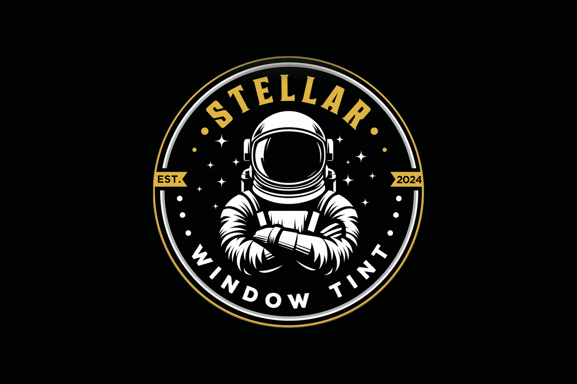 Stellar Window Tint logo: Astronaut in a circle with crossed arms, surrounded by text and stars, on a black background.