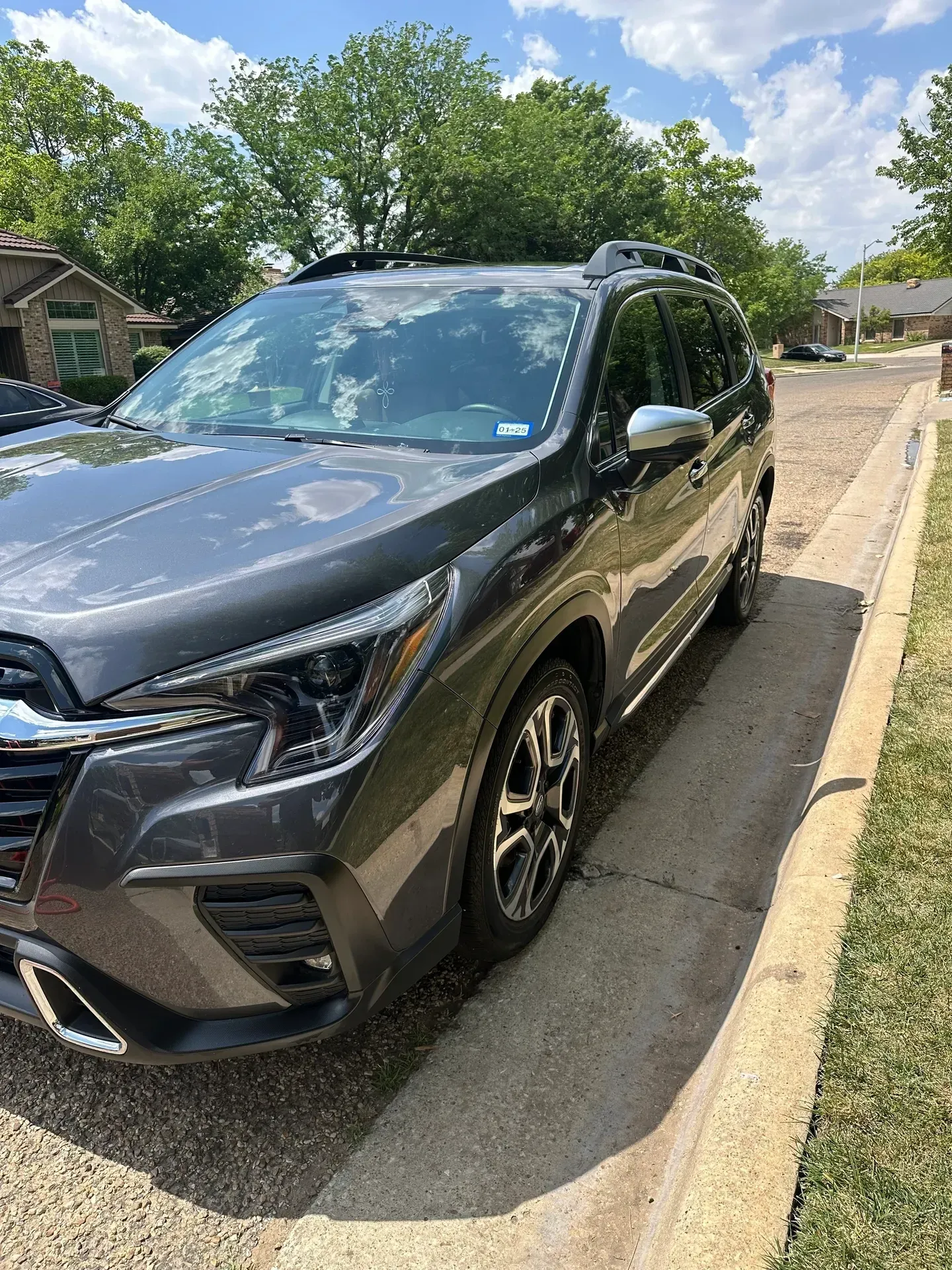 Gray Subaru SUV parked next to a curb on a sunny day.