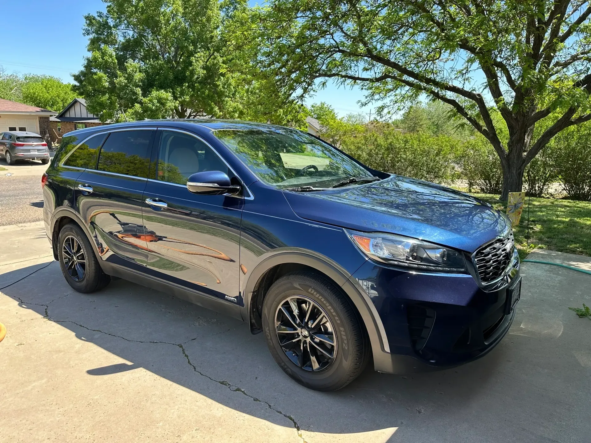 Blue Kia Sorento SUV parked on a sunny driveway, surrounded by greenery.