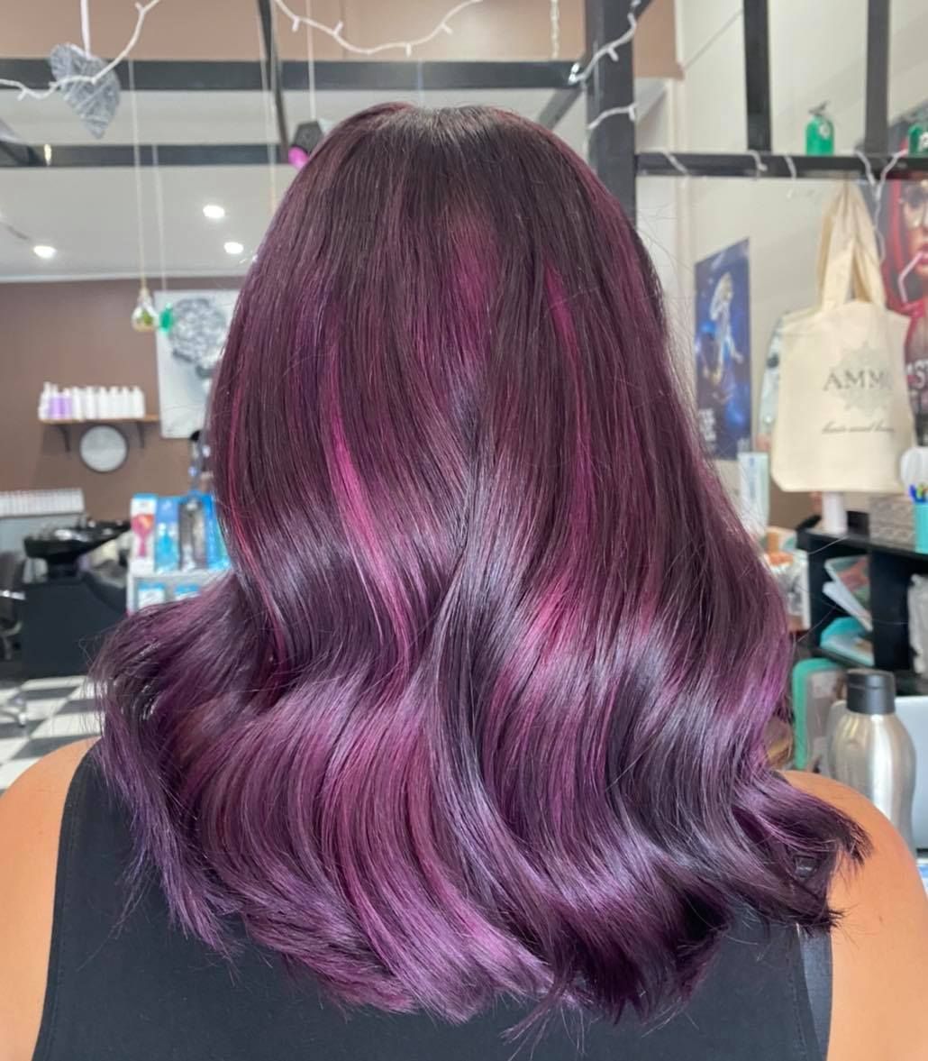 A Woman with Purple Hair Is Standing in A Salon — Ammo Hair and Beauty In Maclean, NSW