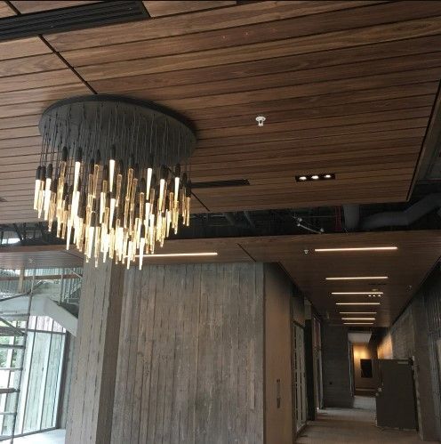 Modern interior with wood ceiling, chandelier, concrete walls, and hallway.