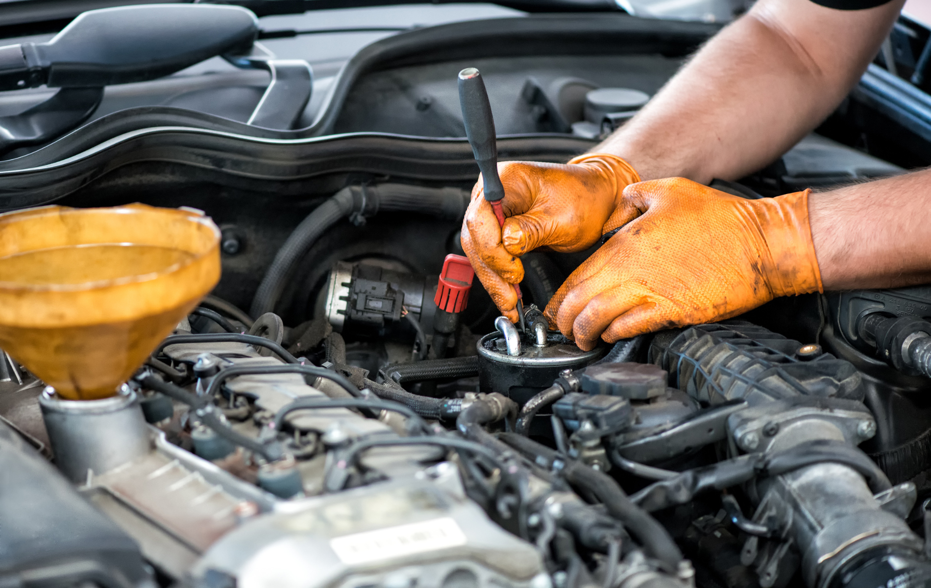 A man is working on the engine of a car.