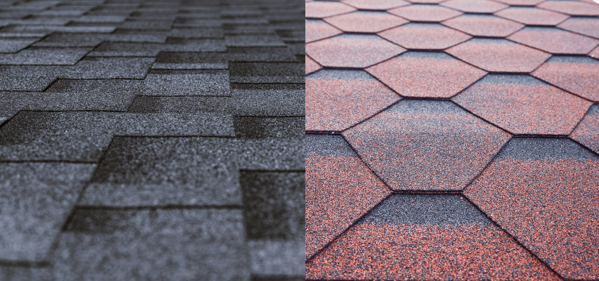 Close up photo of two different styles of asphalt shingles