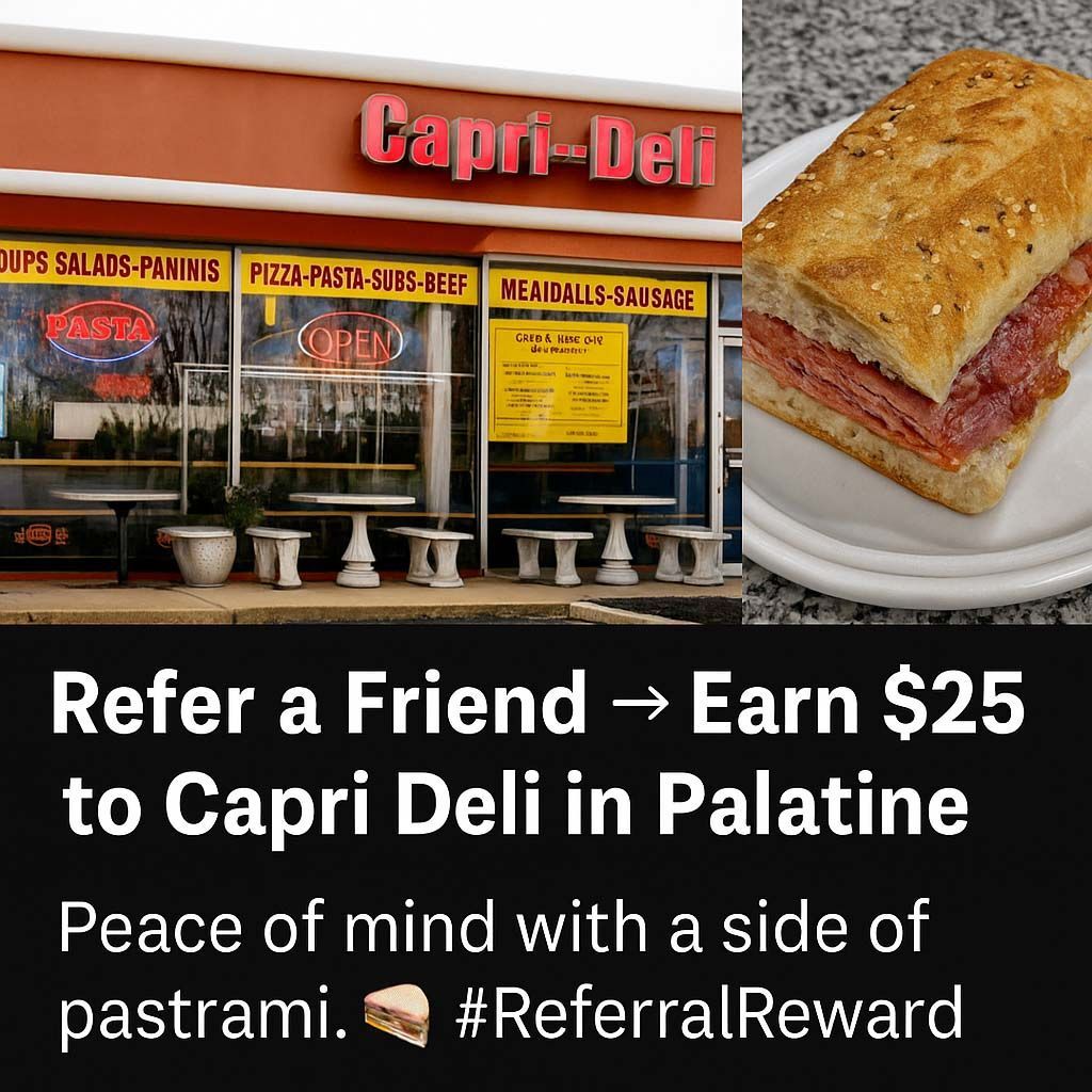 Capri Deli storefront and a sandwich. Refer a friend, earn $25. Palatine, IL. #ReferralReward