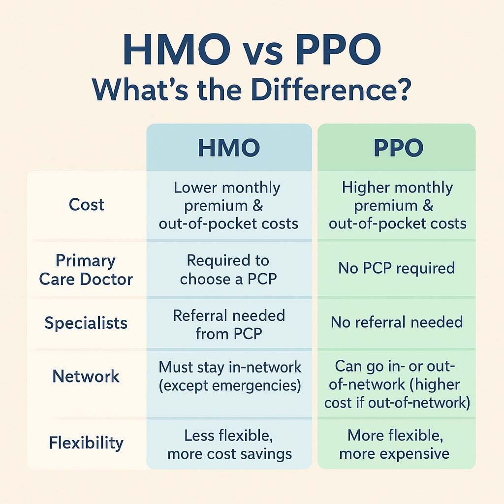 Comparison of HMO vs PPO health insurance plans, highlighting cost, doctor requirements, and network flexibility.