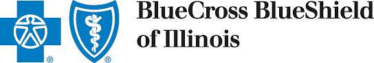 Blue Cross Blue Shield of Illinois logo. Two shields in blue; one with a cross, one with a serpent staff. Text appears on the right.