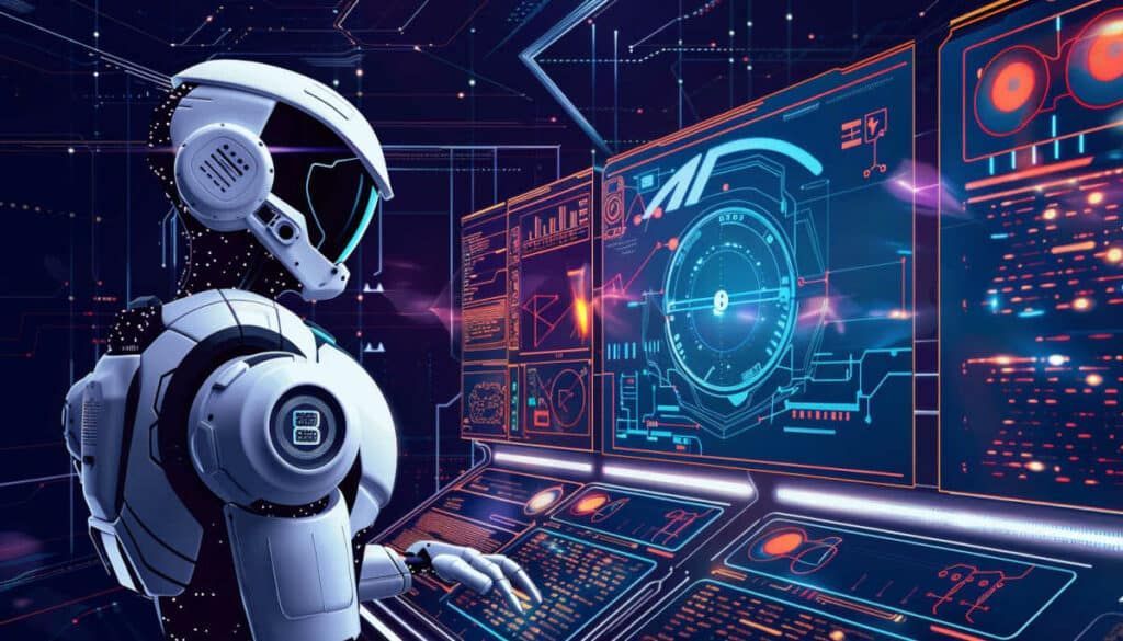 Robot in a futuristic control room, typing on a console with glowing screens, bathed in blue and purple light.