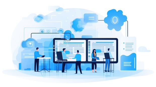 A digital illustration of professionals collaborating on data, clouds, and security icons against a blue background.