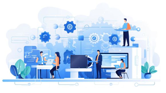 A digital illustration showing a team working in a modern office with floating icons, computers, and abstract blue gears.
