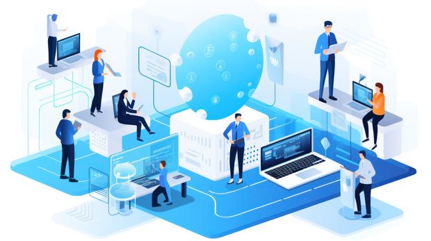 An isometric illustration of a team collaborating on tech tasks, connected by lines around a central glowing data sphere.