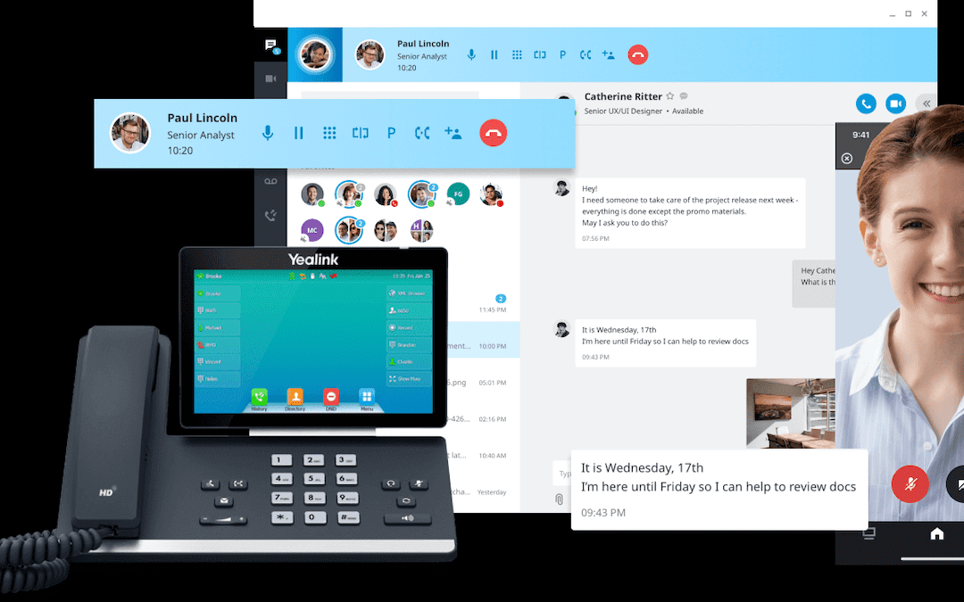 Desk phone, video conferencing interfaces, and a woman smiling, all on a black background.