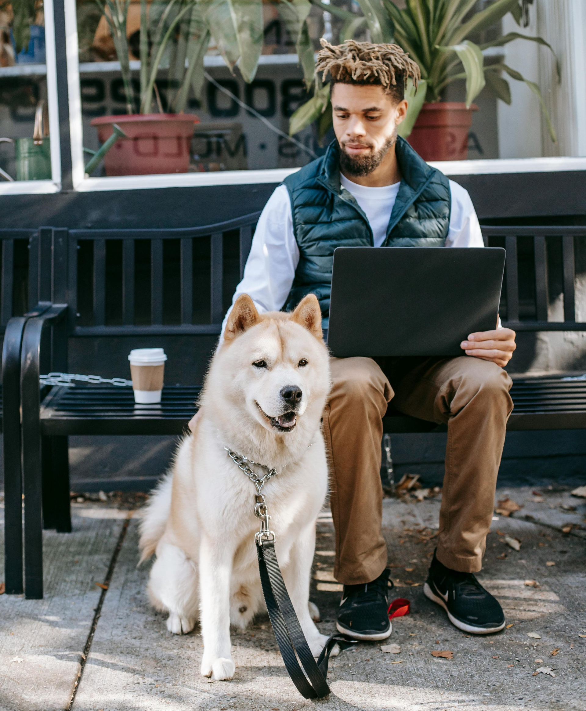Man sitting on bench with dog and laptop, working outside.