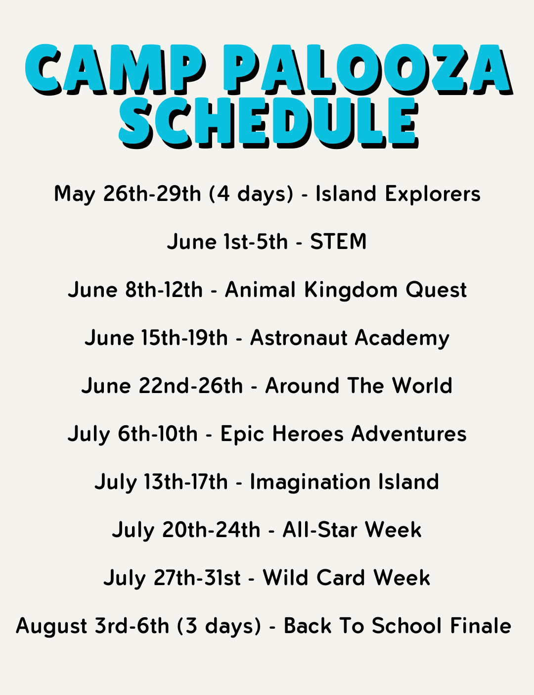 A schedule for a summer camp is displayed on a yellow background.