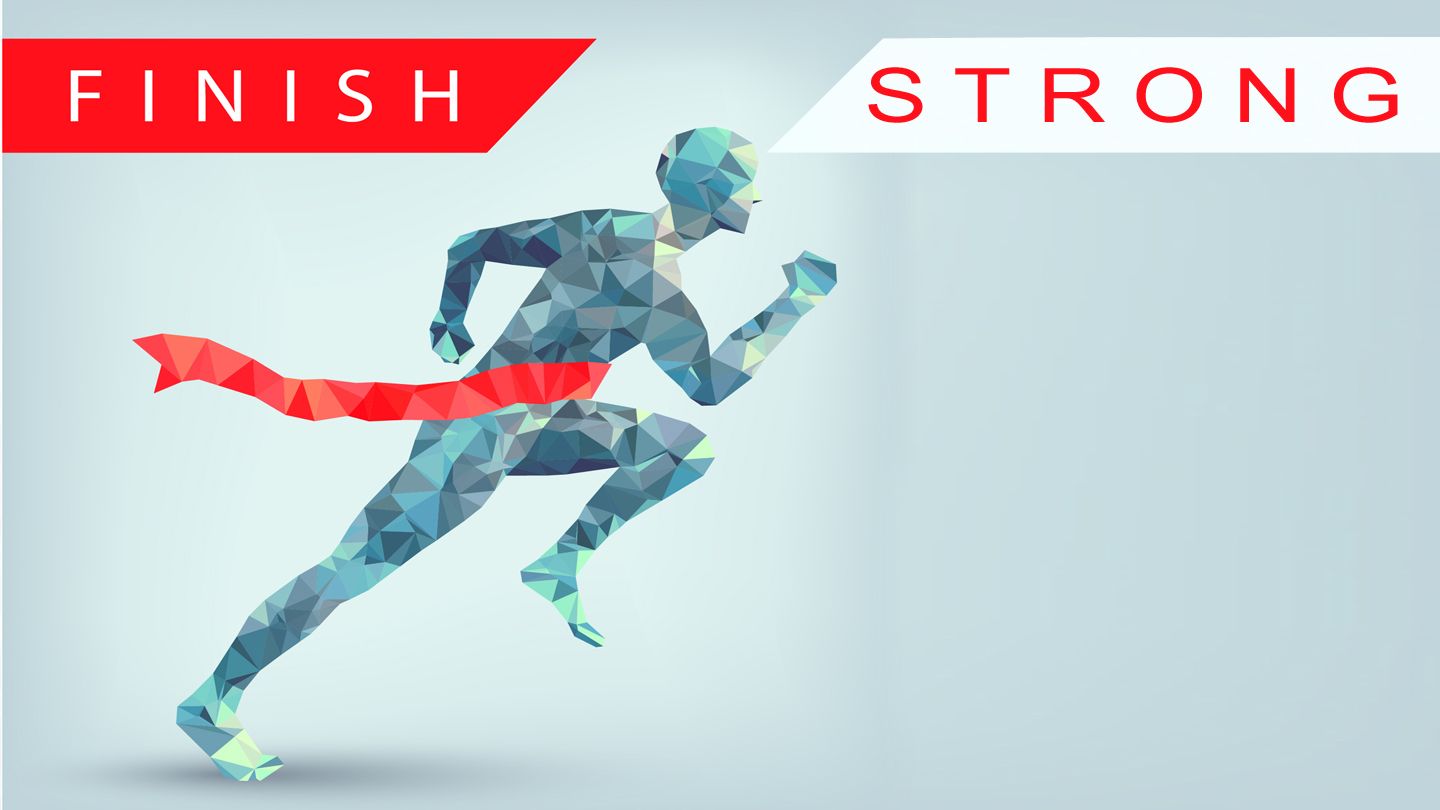 A runner, geometric design, crossing a red finish line; the words 