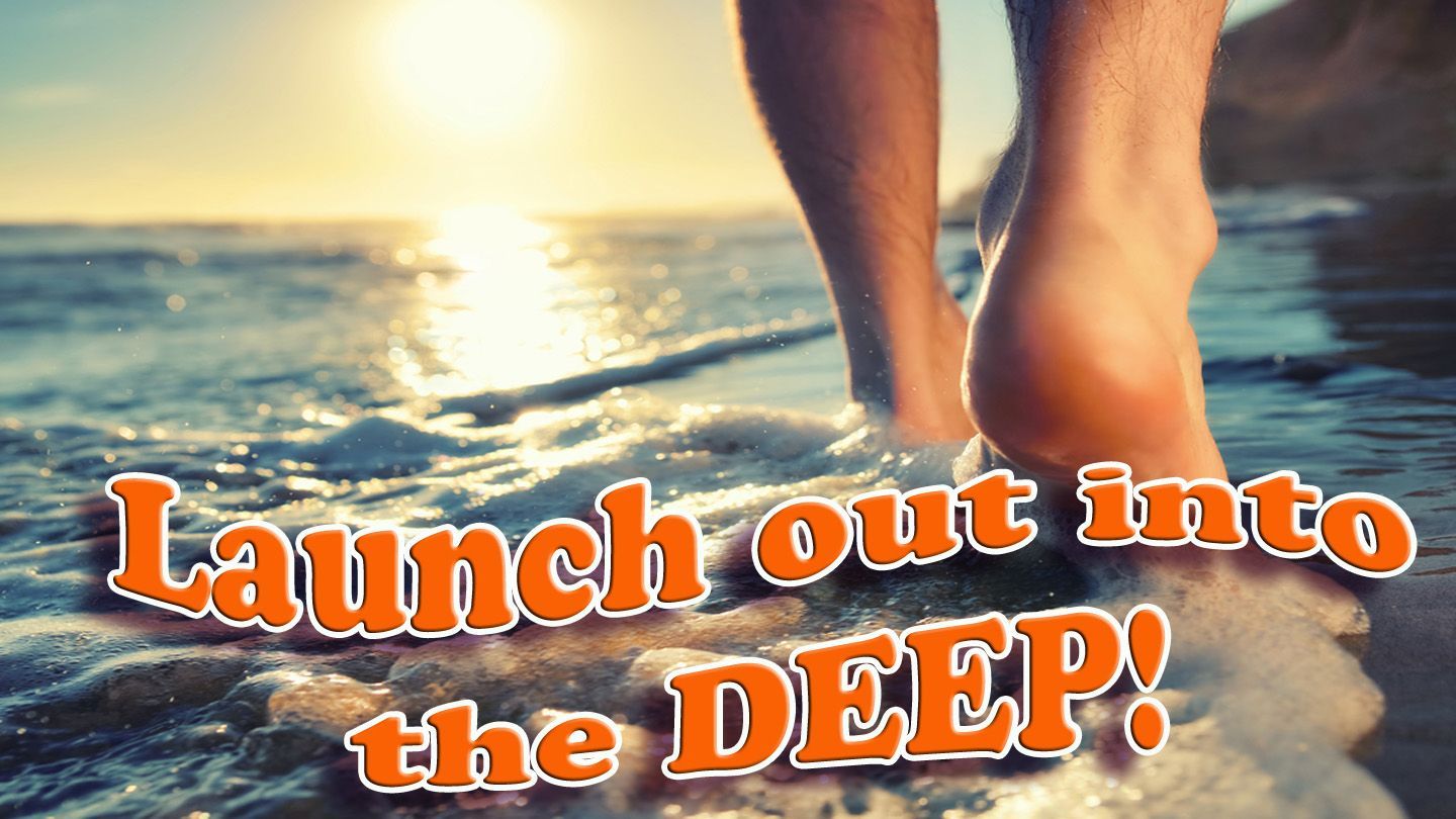 Feet walking into ocean waves at sunset, text: 