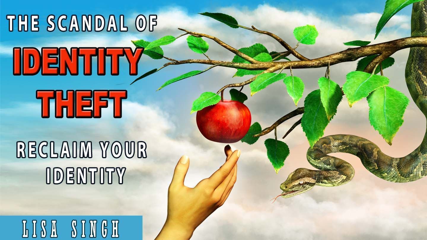 Hand reaching for a red apple on a tree branch, a snake nearby. Text: 