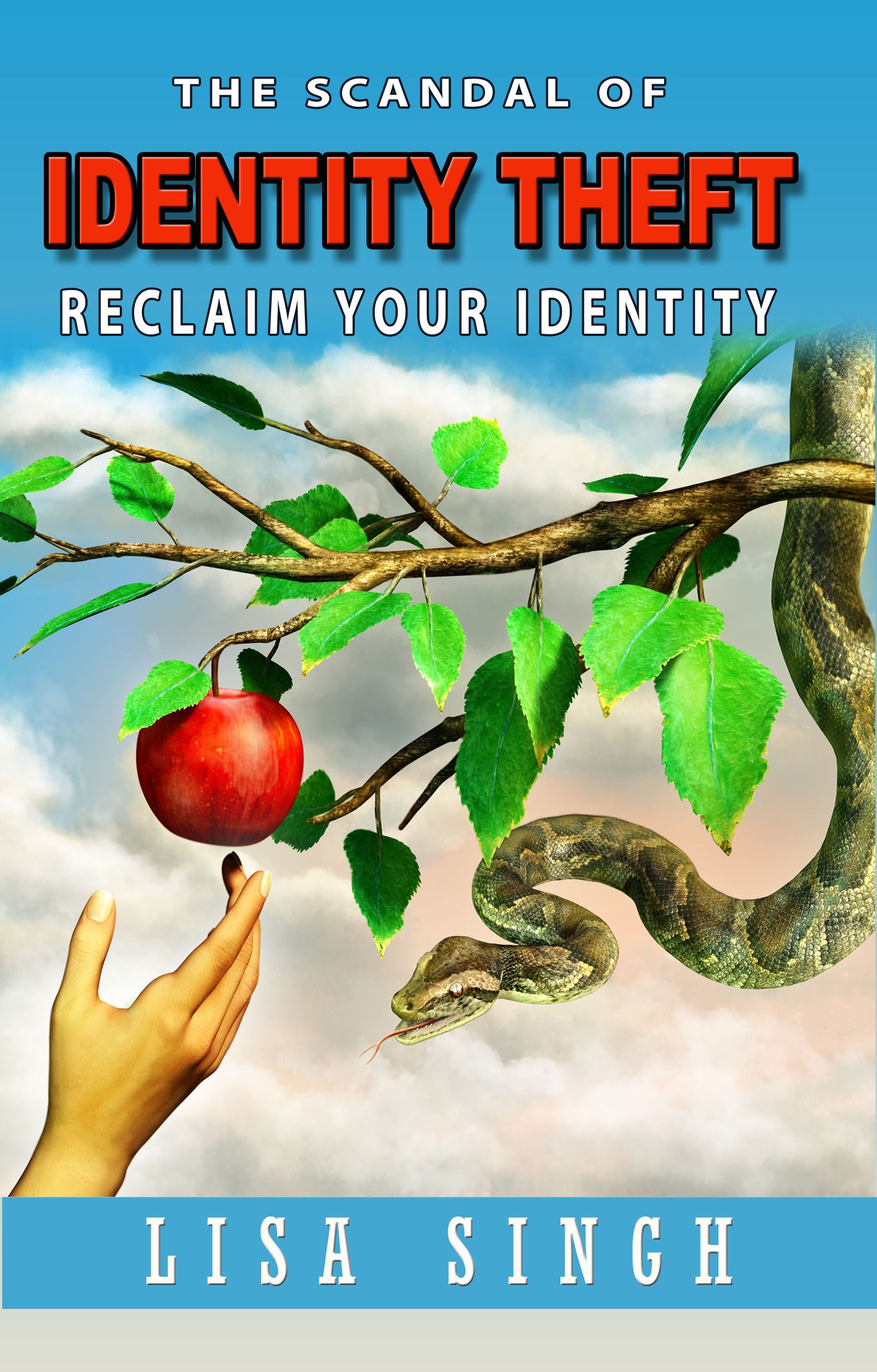 Book cover: Hand reaching for red apple on a tree branch, snake, text 