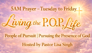 Prayer event advertisement with a woman, a coffee cup, and a sunrise.