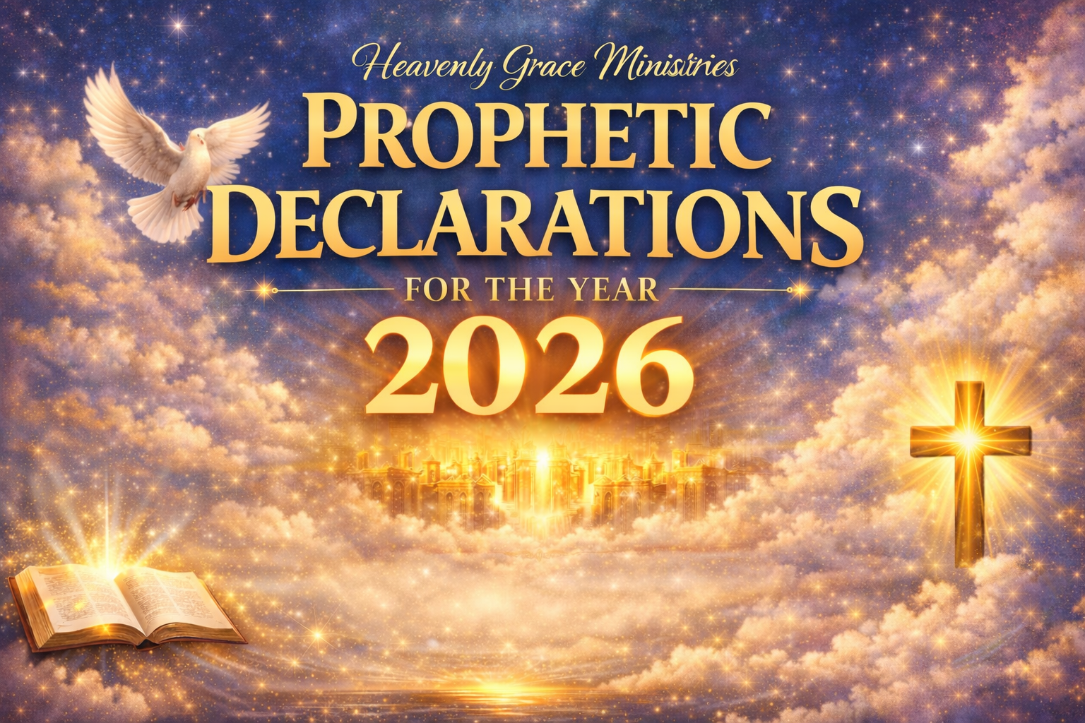 A celestial scene with the words 