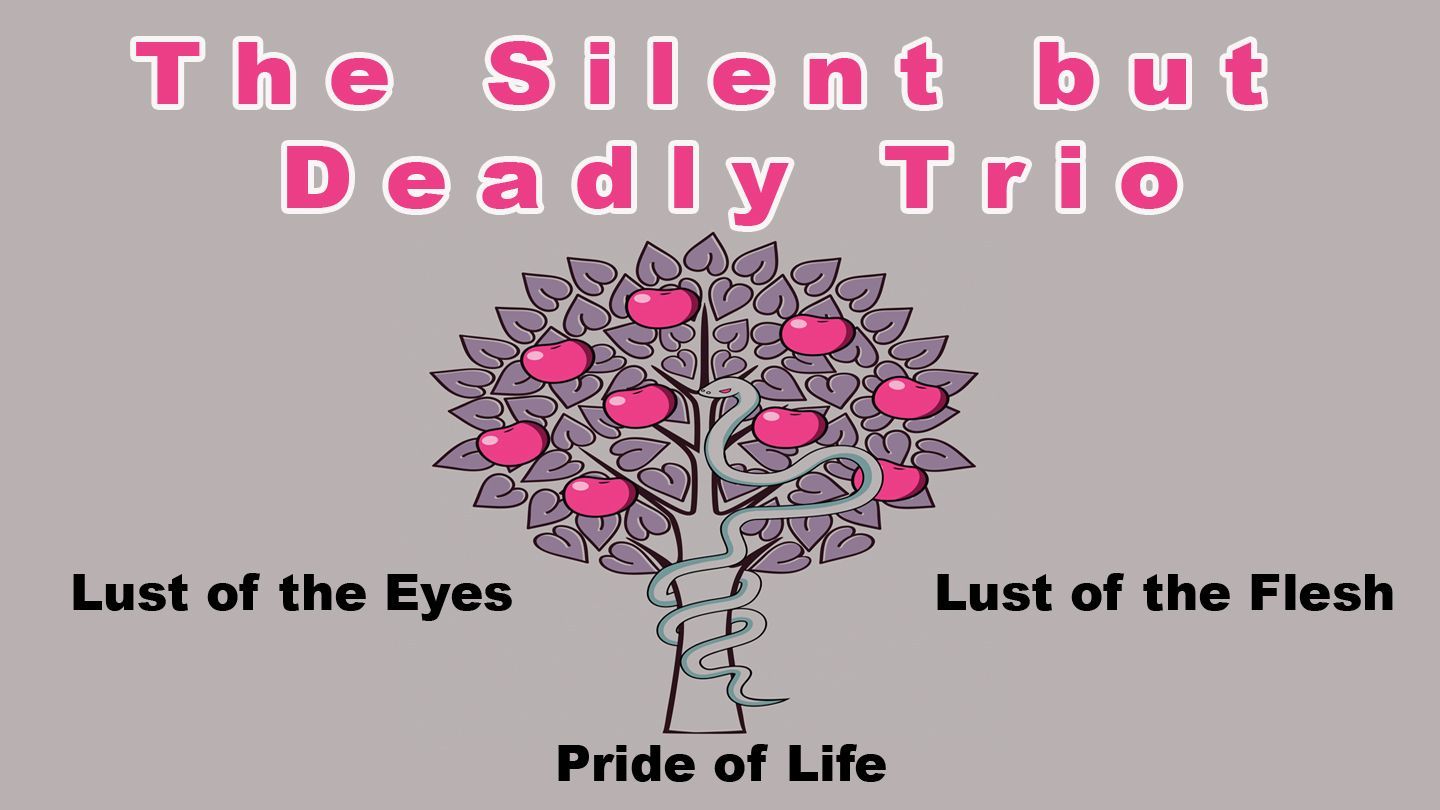 Illustration of a tree with pink fruit, a snake wrapped around it, and the words 