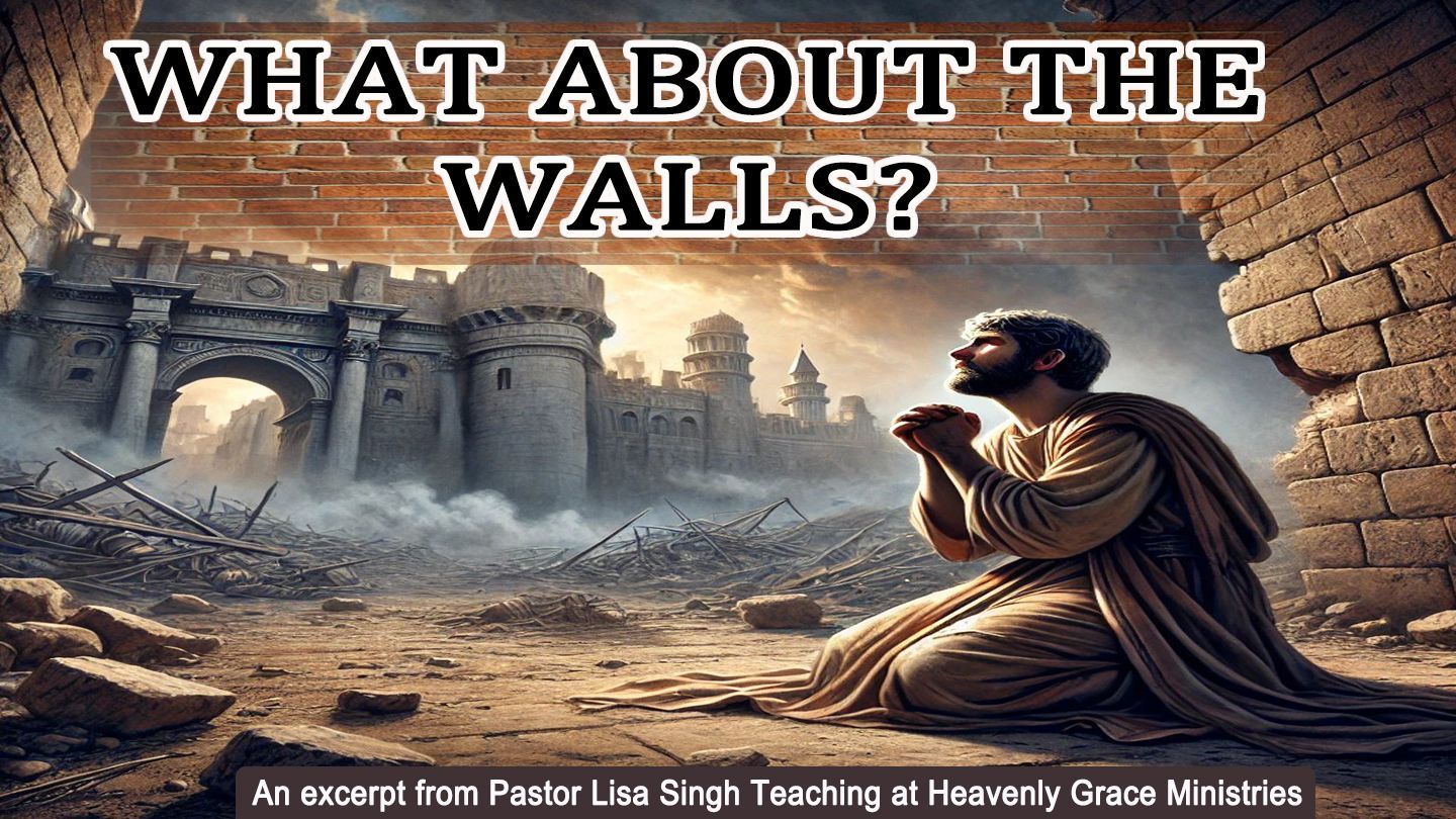 Man praying before crumbling city walls; text: 