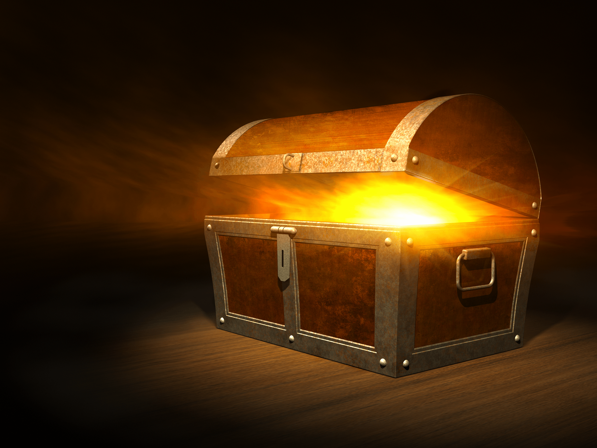 Wooden treasure chest, open, glowing with bright light.