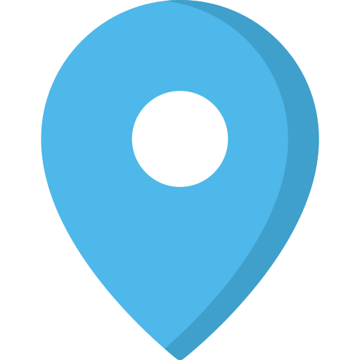 A blue map pin with a white circle in the middle.