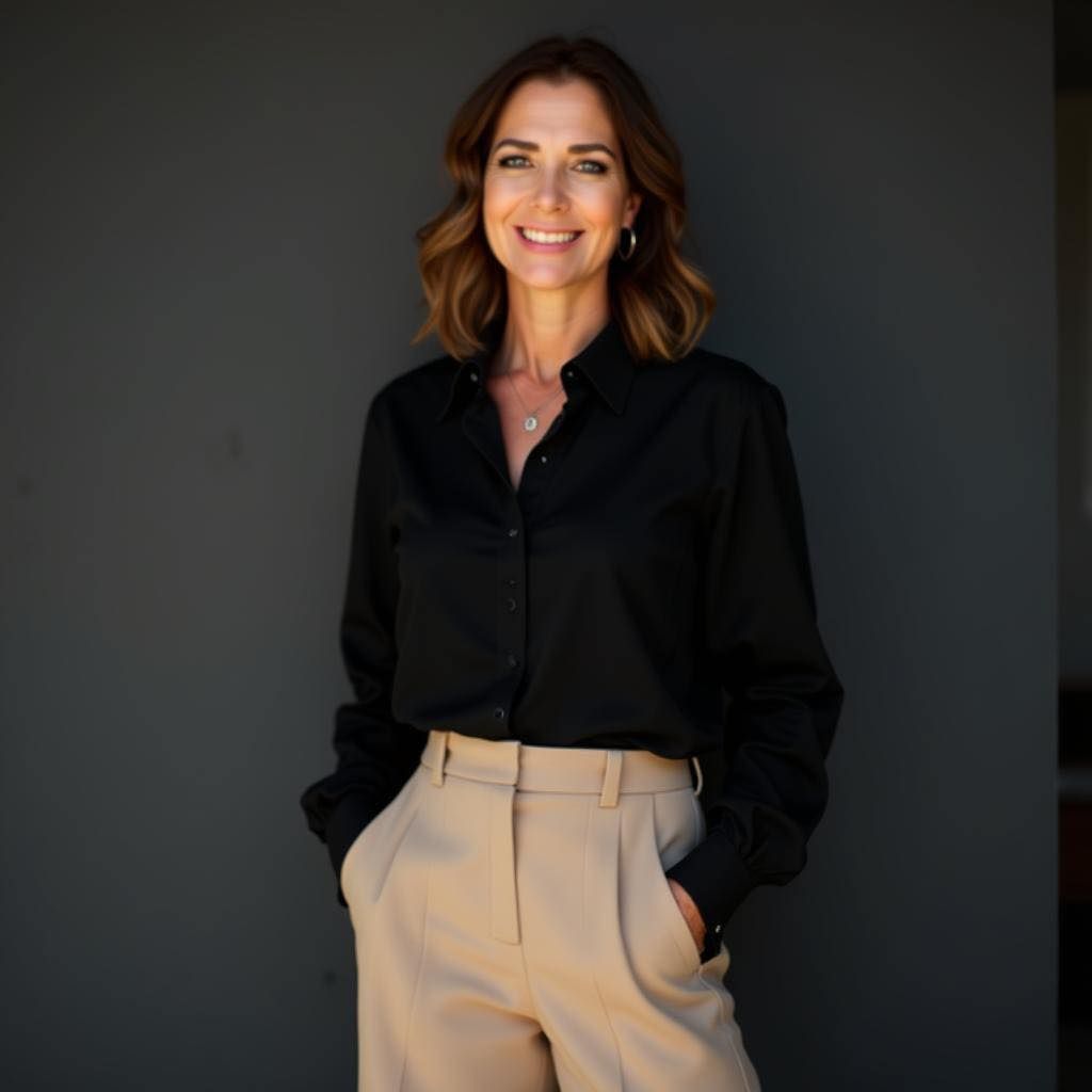 Woman in black shirt and tan pants smiles, arms in pockets, stands against a dark gray wall.
