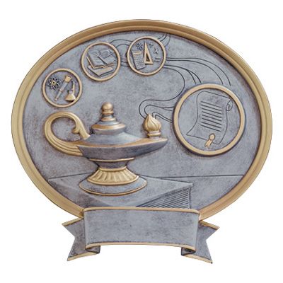 A grey and gold plaque featuring an oil lamp, academic icons, and a scroll, with a blank banner for engraving at the base.