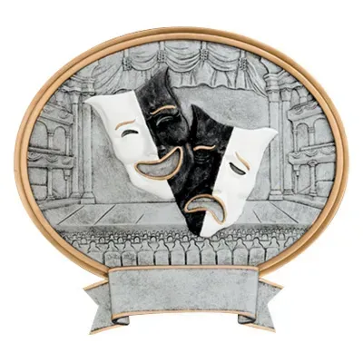 An oval award plaque featuring comedy and tragedy drama masks on a theater stage, with a blank banner at the bottom.