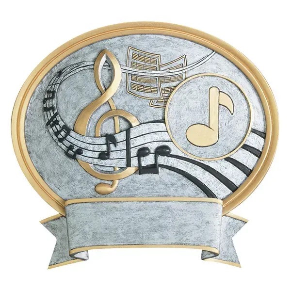 Oval music-themed trophy plaque with a gold-trimmed border, silver background, musical notes, and a blank banner.