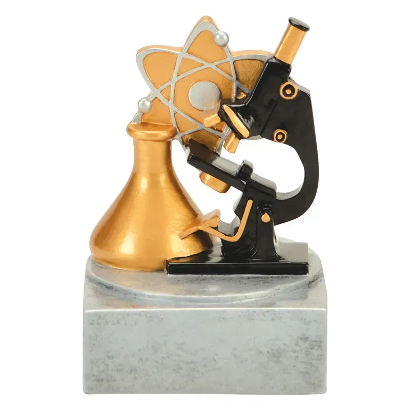 A science-themed trophy featuring a golden flask, a black microscope, and a gold atomic model on a silver square base.