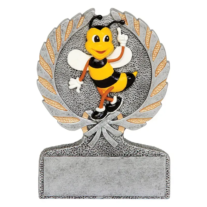 A gold and black cartoon bee trophy with a textured grey wreath and a blank nameplate at the base.