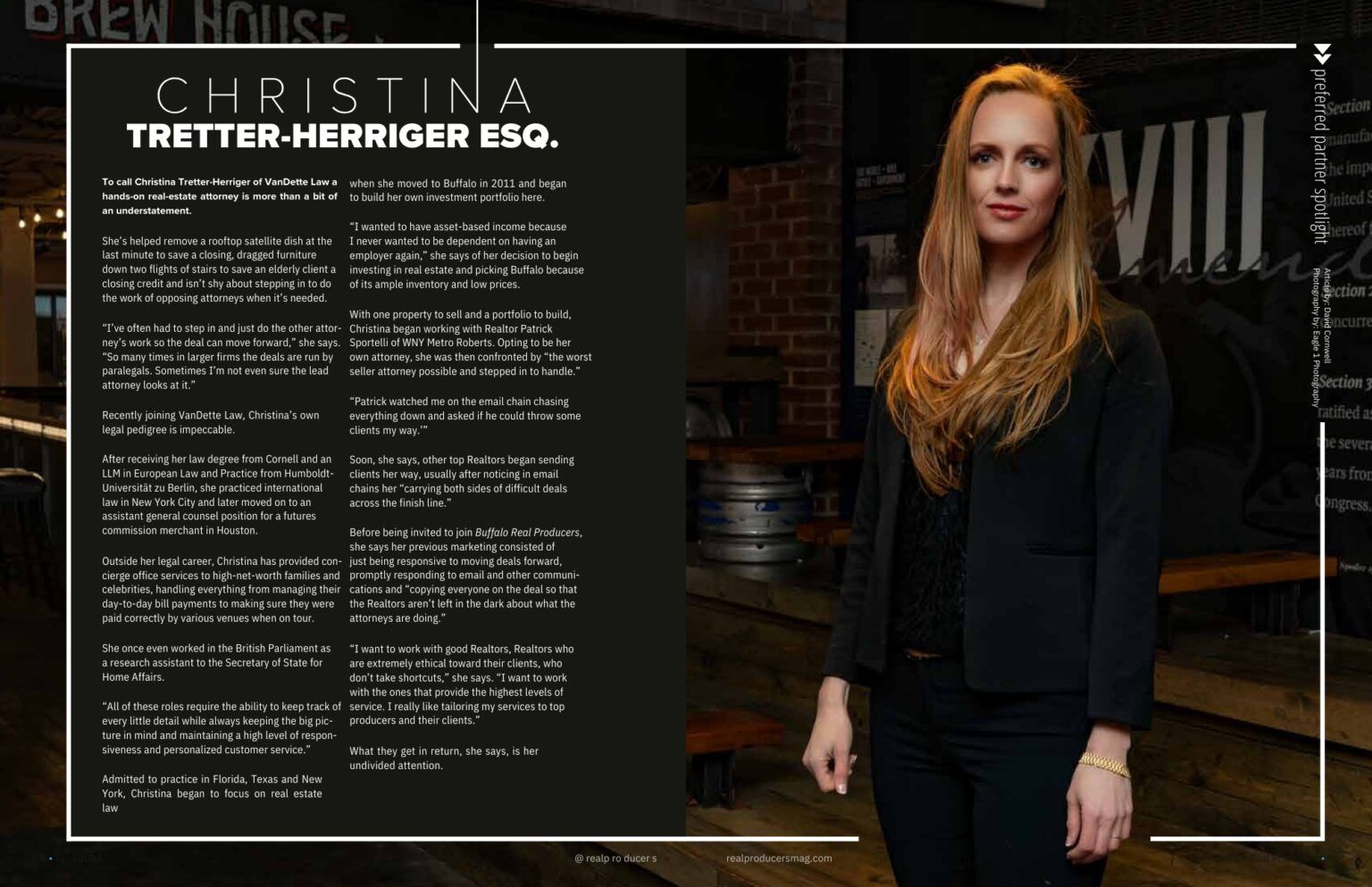 A portrait of Christina Tretter-Herriger, Esq., standing in a brewery setting beside a block of biographical text.