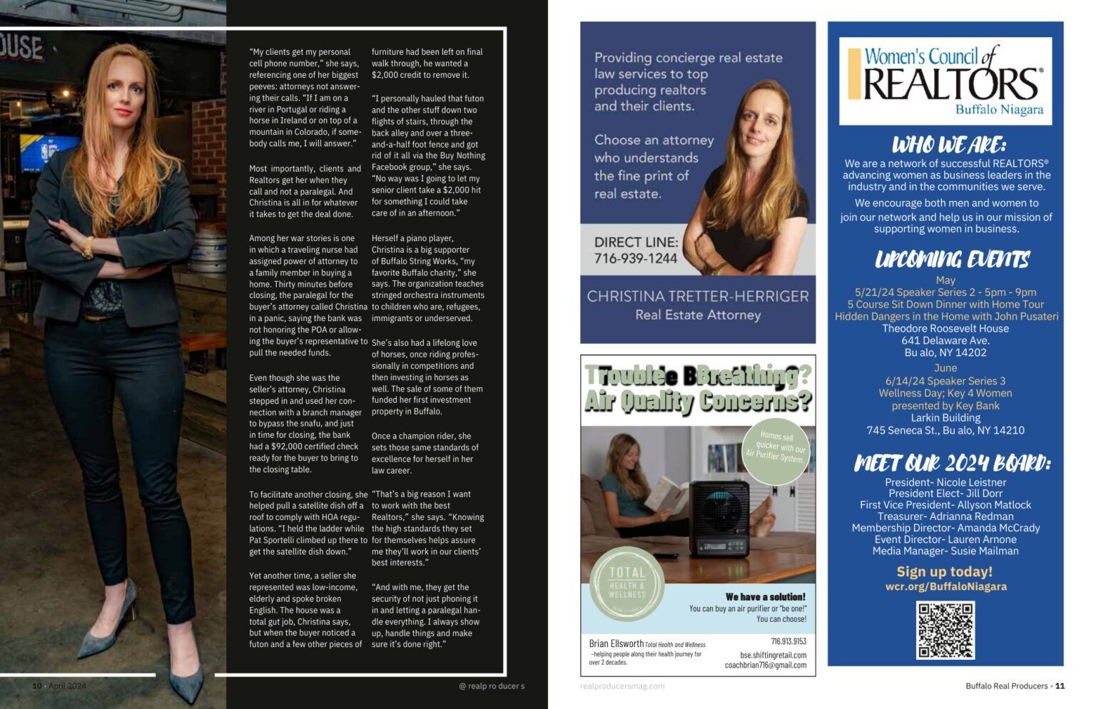 A two-page magazine layout featuring a professional profile, an advertisement for Realtors, and an air quality product ad.