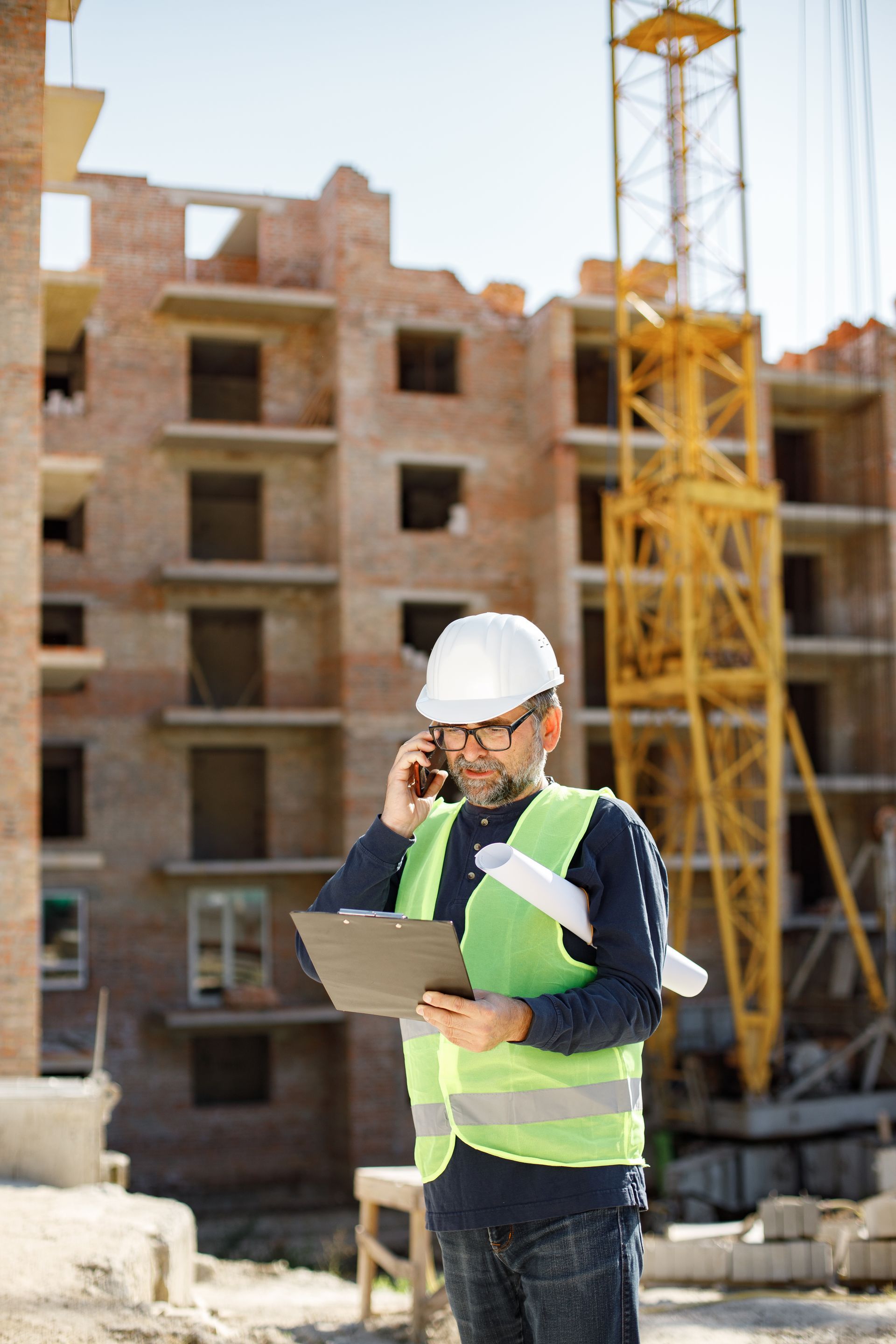 Construction worker in hard hat and vest talking on phone, holding plans, construction site in background.