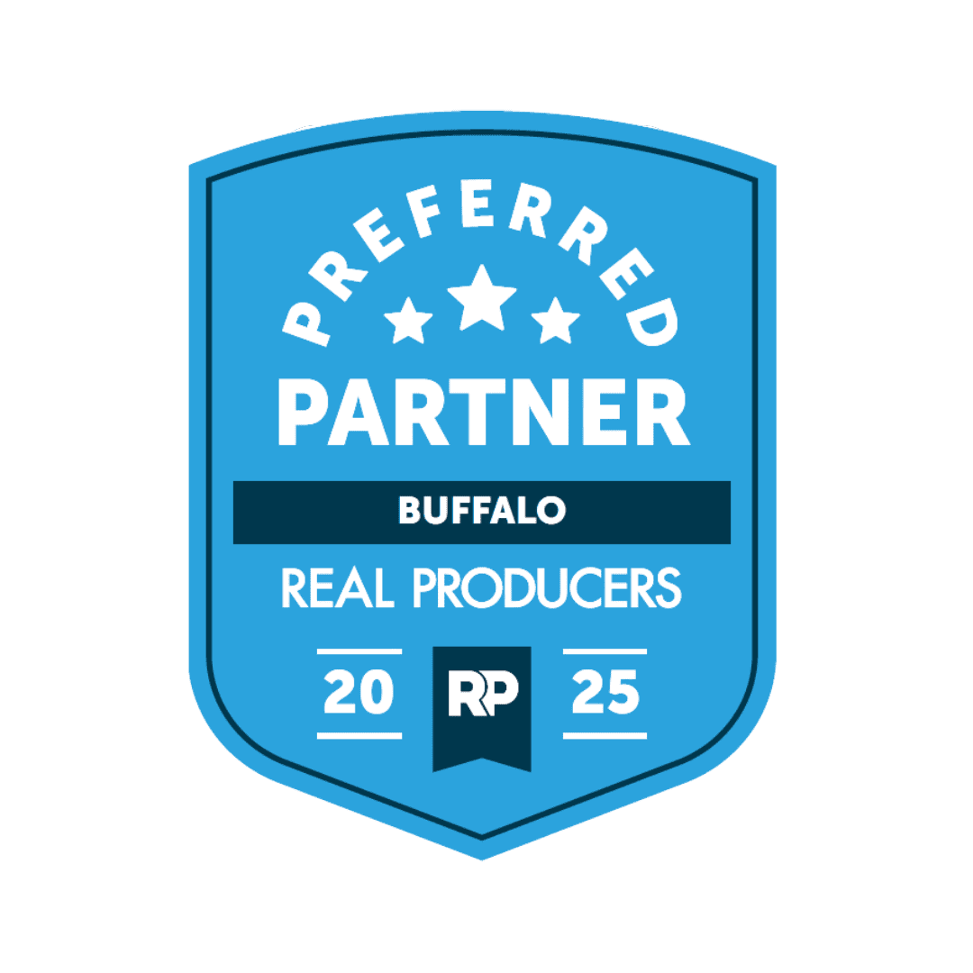 Blue shield-shaped logo for Buffalo Real Producers Preferred Partner 2025 with three white stars and RP text.