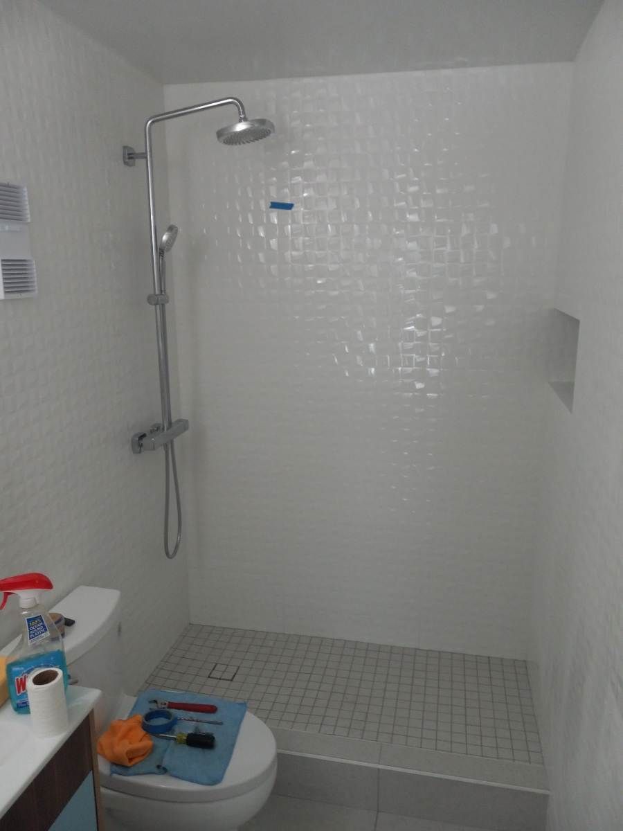 Small white tiled bathroom with a walk-in shower, chrome showerhead, and toilet in the foreground.