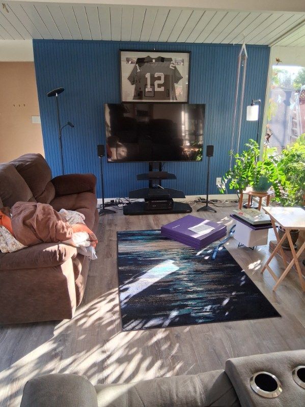 Sunlit living room with blue accent wall, TV, recliner, rug, plants, and a framed sports jersey above the TV